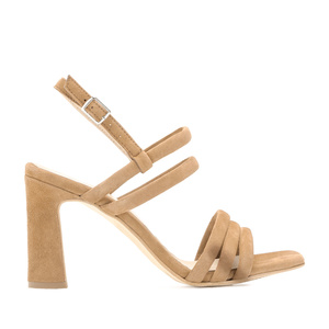 Strappy Heeled Sandals in Beige Suede Leather