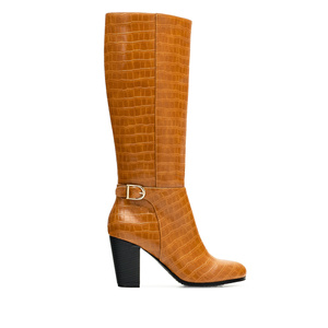 Buckled Boots in Camel-coloured Croc