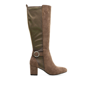 Mid-Calf Buckled Boots in Taupe Suedette with Lycra