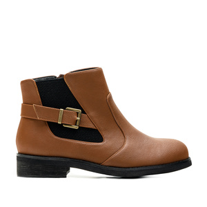 Brown Faux Pull Leather Booties with Buckle