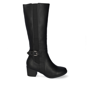 Mid- calf boots with elastic in black faux leather