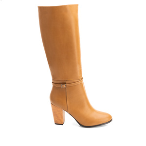 Heeled boots in camel faux leather with buckled strap detail