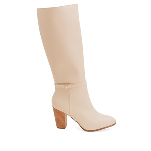 Heeled boots in ivory faux leather with buckled strap detail