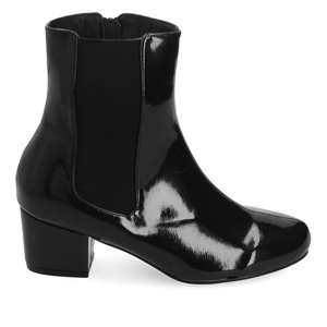 Wide heel booties in black patent and matching elastic