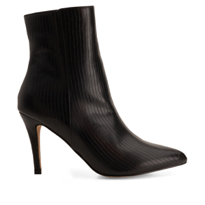 Pointed toed booties in black embossed faux leather