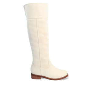 Flat knee-high boots in off-white faux suede