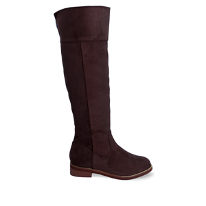 Flat knee-high boots in brown faux suede