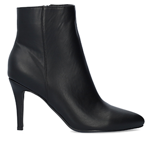 High-heeled booties in black faux leather