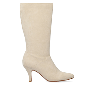 Heeled high boots in off white faux suede.