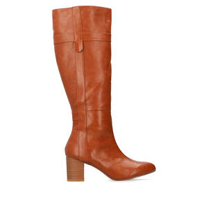 Heeled high-calf boots in brown faux leather