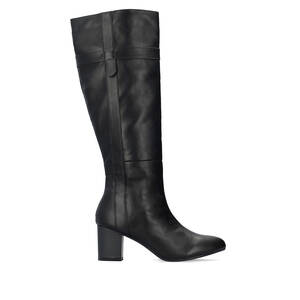 Heeled high-calf boots in black faux leather