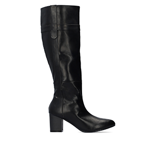 Heeled high-calf boots in black faux leather