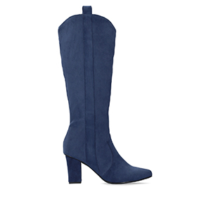 Heeled high boots in dark blue faux suede.