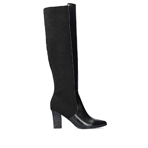 Heeled knee-high boots combined black faux croc leather with faux suede.