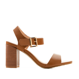 Block Heel Sandals in Camel faux Leather