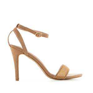 Stiletto Sandals in Beige Suedette with Gold Band