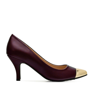Stilettos in Burgundy Faux leather with Golden Toe Cap