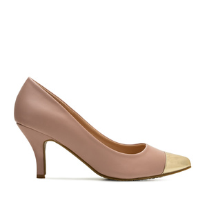 Stilettos in Nude Faux leather with Golden Toe Cap