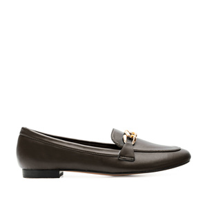 Brown Faux Soft Leather Loafers with Gold Chain