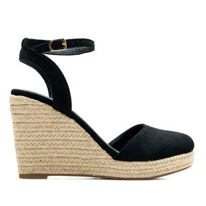 Black Faux Suede Espadrilles with Jute Wedge