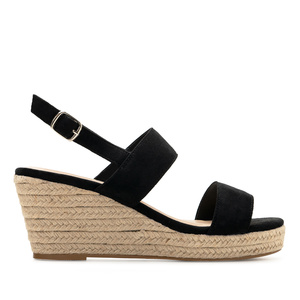 Black Faux Suede Espadrille with Jute Wedge