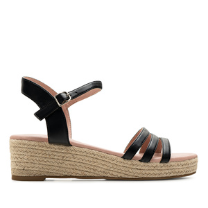 Black Faux Leather Sandals with Jute Wedge