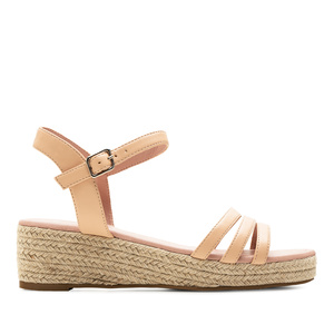 Nude Faux Leather Sandals with Jute Wedge