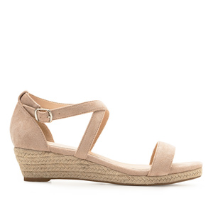 Beige Faux Suede Sandals with Jute Wedge