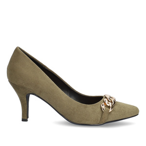Heeled shoes in kaki faux suede with chain link detail
