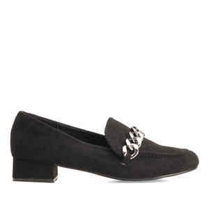 Moccasins in black faux suede with chain link detail