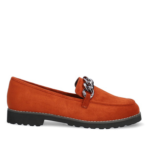 Moccasins in brick-red faux suede and track sole