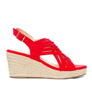 Red faux suede espadrilles with jute wedge