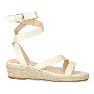 Beige faux leather sandals with jute wedge