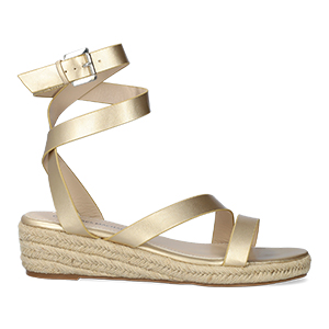 Gold faux leather sandals with jute wedge