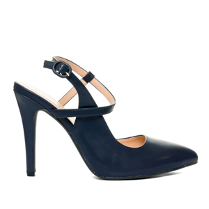 Navy faux leather pointed toed court shoes