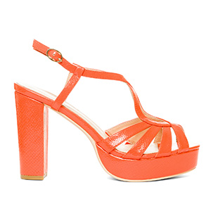 Embossed orange faux patent sandals