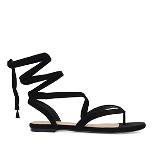 Black faux suede flat sandals