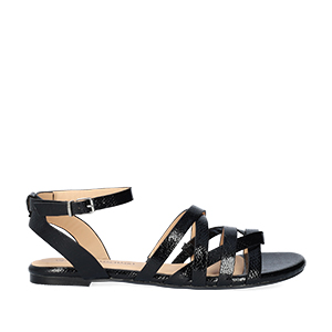 Black embossed faux leather sandals