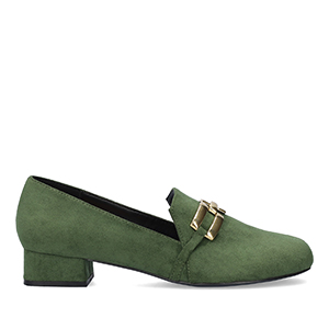Moccasins in green faux suede with chain detail