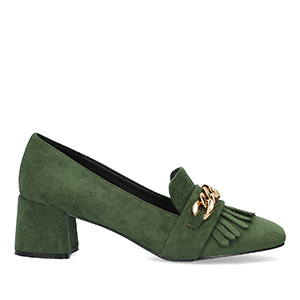 Heeled moccasin in green coloured faux suede