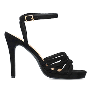 Black faux suede high-heeled sandals
