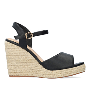 Black soft fabric sandal with a jute wedge