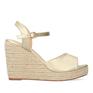 Golden soft fabric sandal with a jute wedge