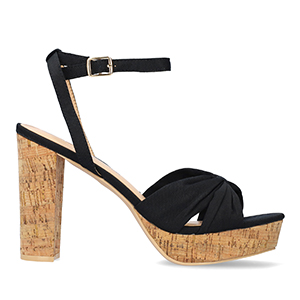 Black fabric sandal with cork-effect heel