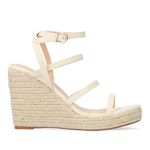 Beige soft fabric sandal with a jute wedge