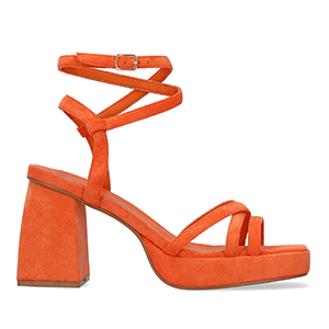 Orange faux suede sandal with squared heel
