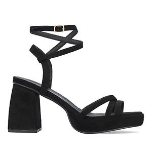 Black faux suede sandal with squared heel