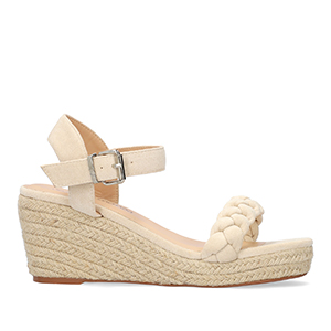Beige faux suede sandal with a jute wedge