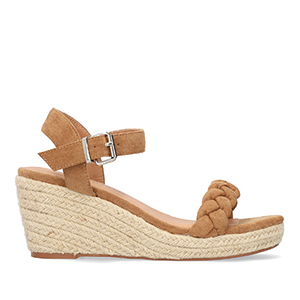 Brown faux suede sandal with a jute wedge