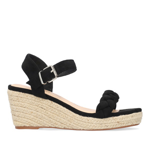Black faux suede sandals with a jute wedge